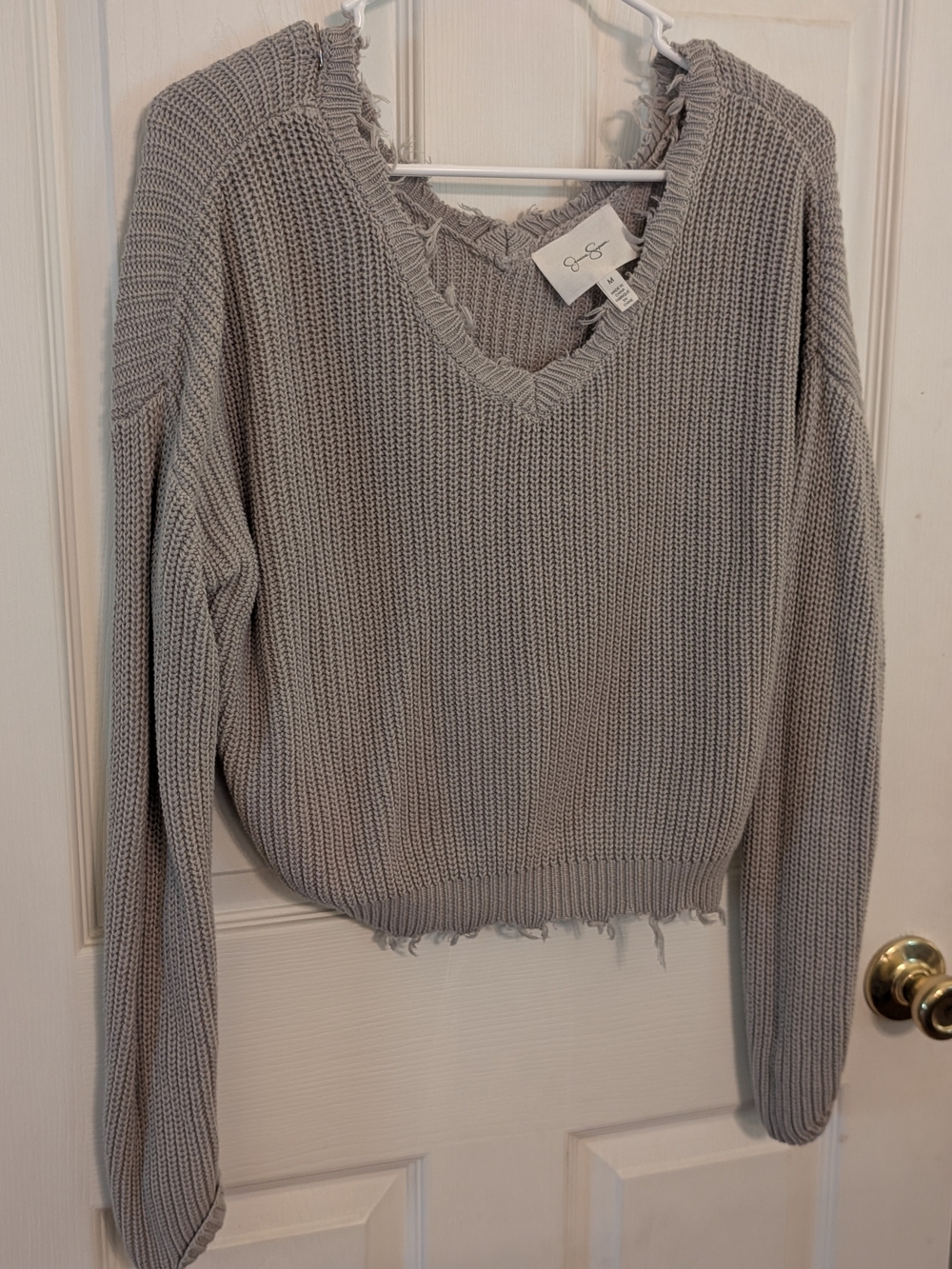 Jessica Simpson Light Green-Gray Distressed V-Neck Sweater